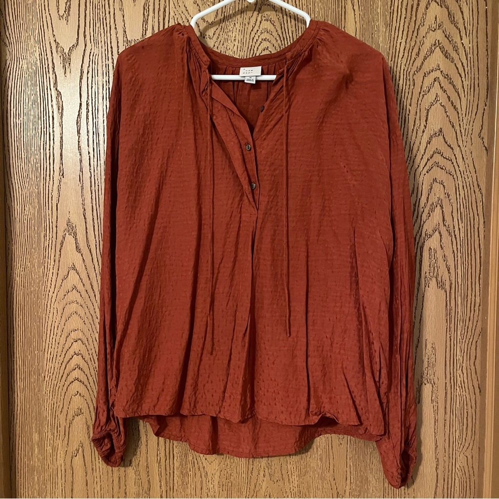 A New Day Brown Long Sleeve Tie Front Blouse